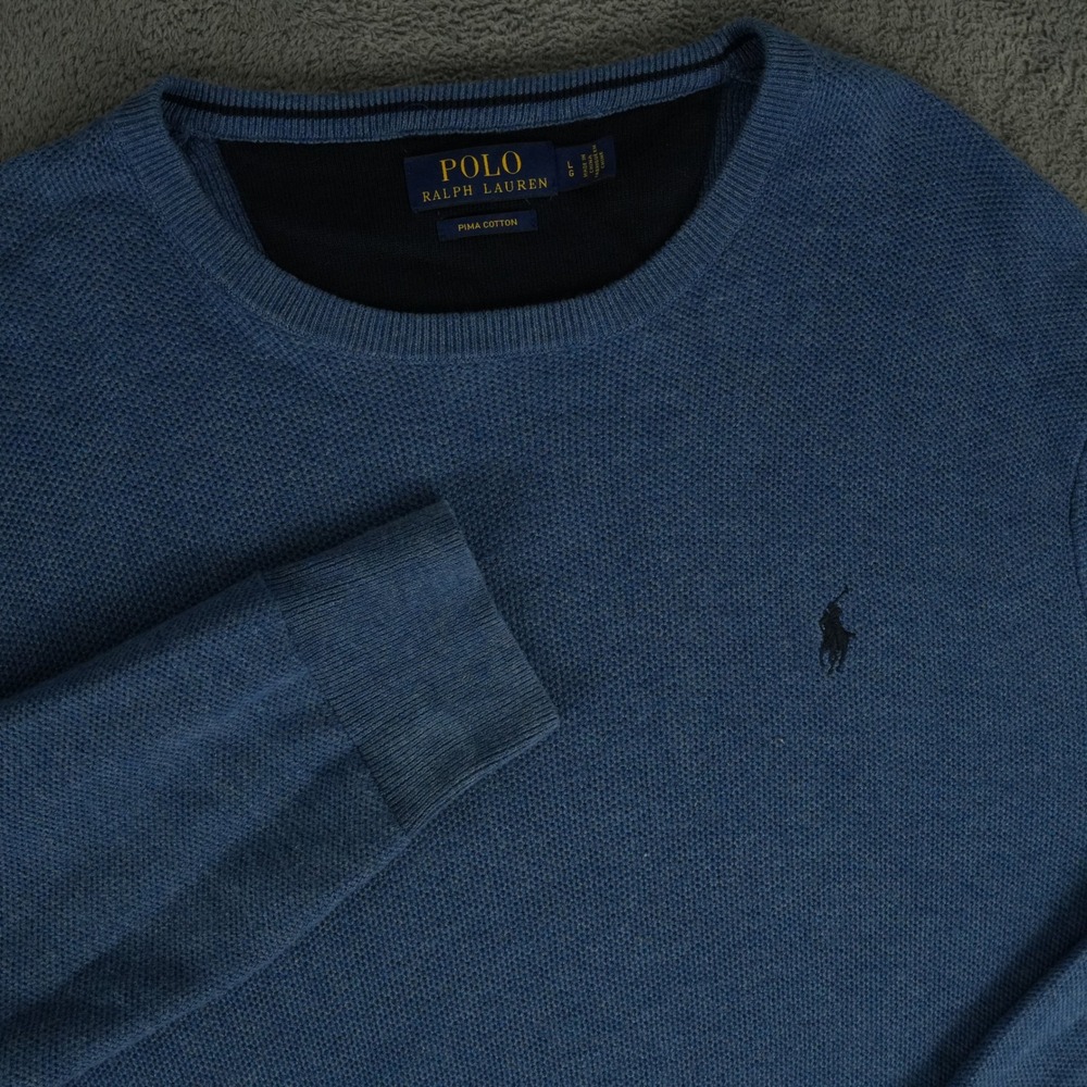 Polo Ralph Lauren Sweater Mens Large Blue Pima‎ Cotton Textured Crewneck Pony
